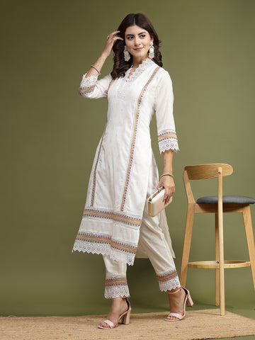 Women White Color Embroidery Kurta Pant Set