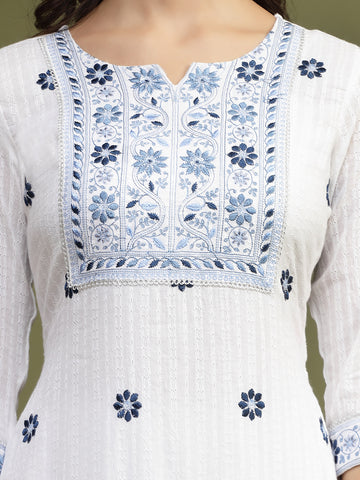 Women White Color Embroidery Kurta Palazzo Set