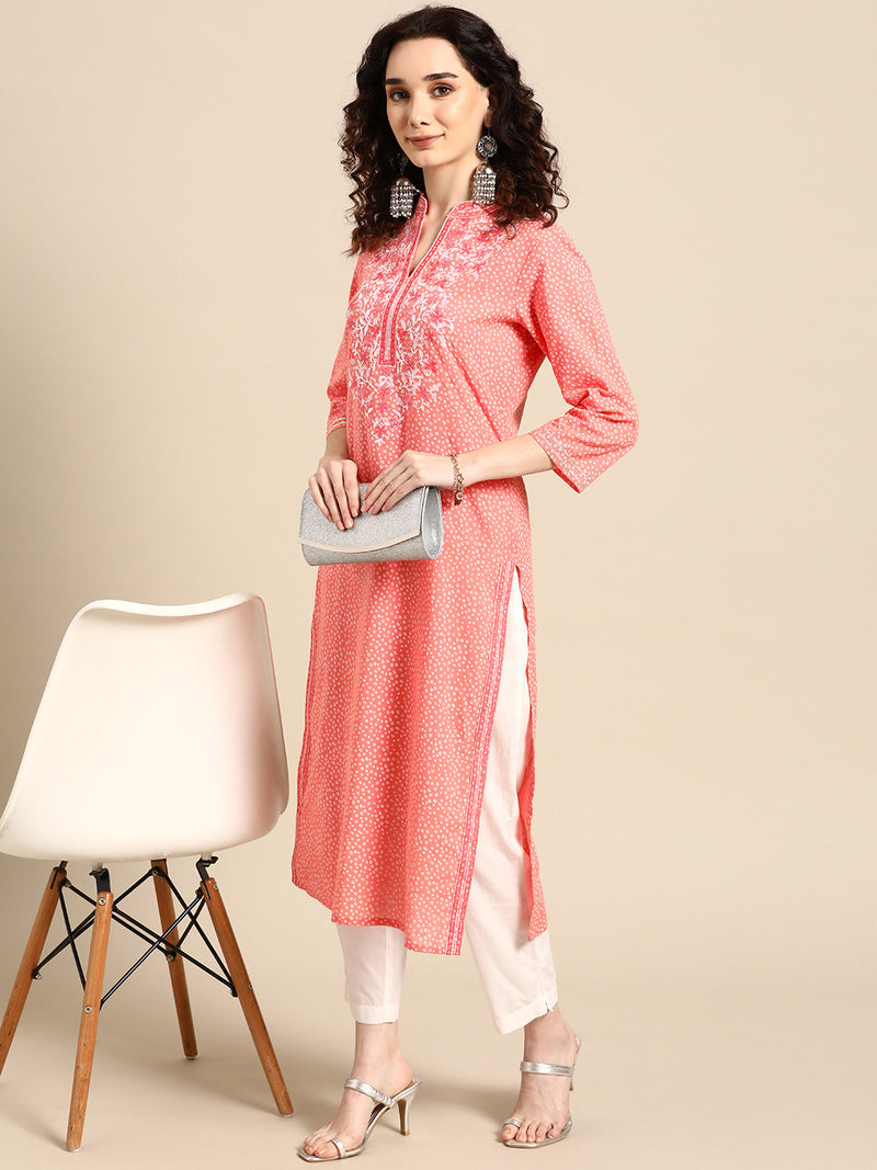 Women Pink Embroidered Straight Cotton Kurta