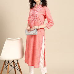 Women Pink Embroidered Straight Cotton Kurta