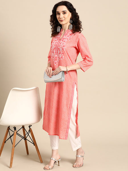Women Pink Embroidered Straight Cotton Kurta