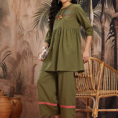 Emerald Grace Embroidered Cotton Tunic Palazzo Set