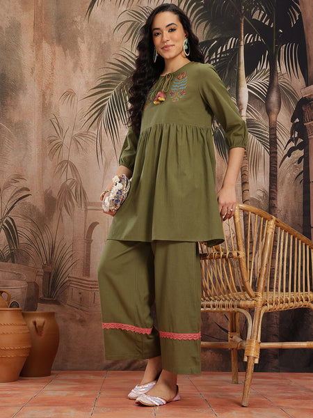 Emerald Grace Embroidered Cotton Tunic Palazzo Set