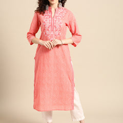 Women Pink Embroidered Straight Cotton Kurta