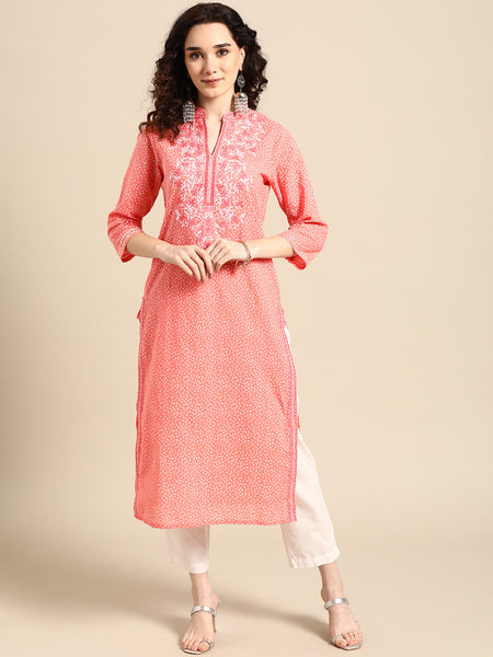 Women Pink Embroidered Straight Cotton Kurta
