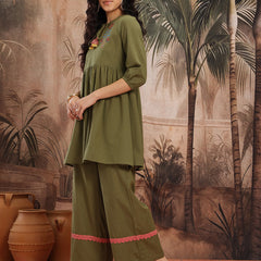 Emerald Grace Embroidered Cotton Tunic Palazzo Set
