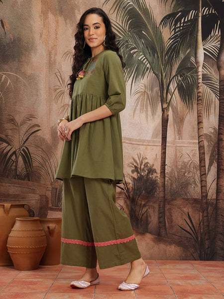 Emerald Grace Embroidered Cotton Tunic Palazzo Set