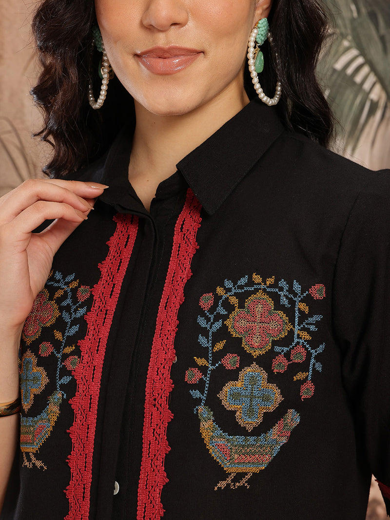 Midnight Elegance Embroidered Cotton Shirt Palazzo Set