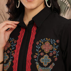 Midnight Elegance Embroidered Cotton Shirt Palazzo Set