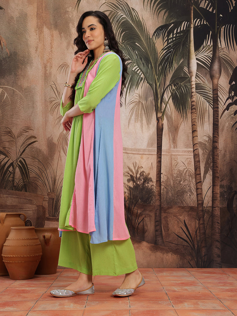 Verdant Elegance Embroidered Cotton Kurta Trouser Set