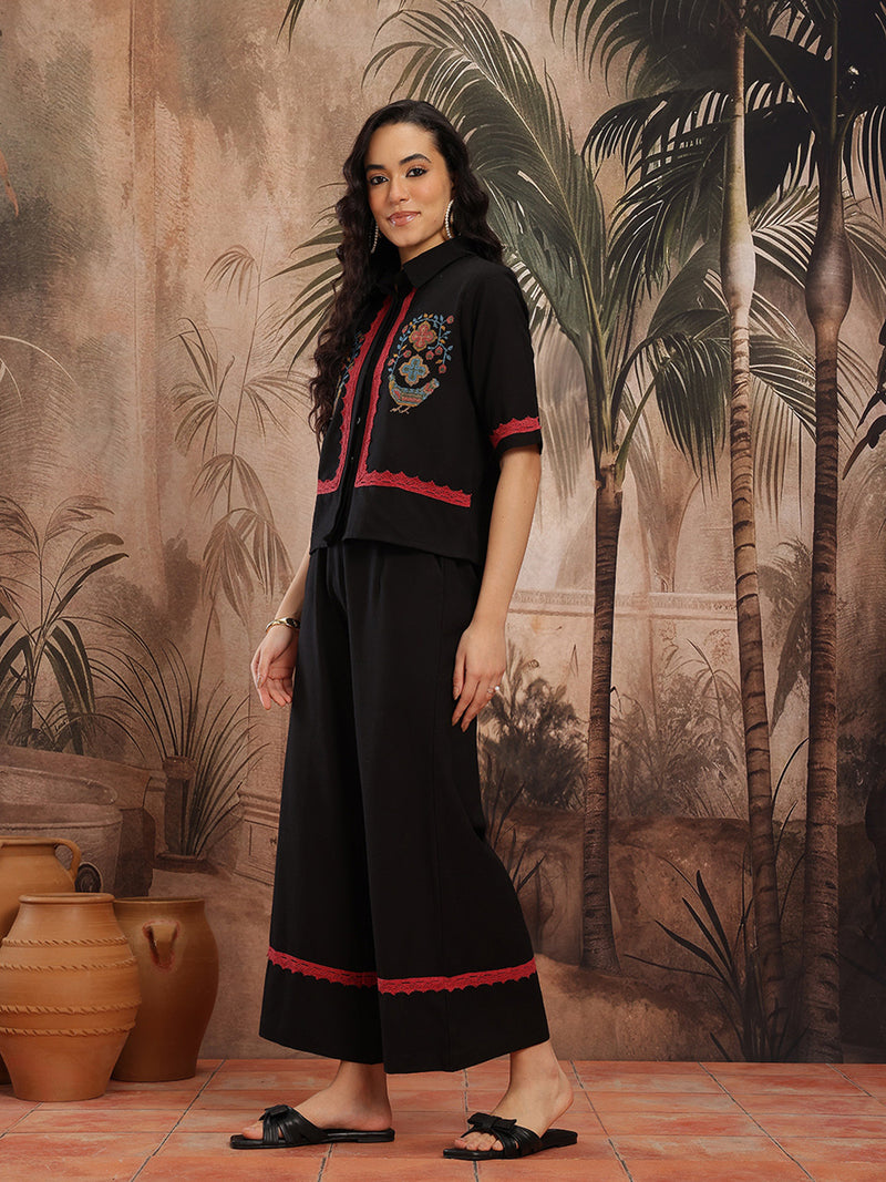 Midnight Elegance Embroidered Cotton Shirt Palazzo Set