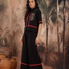 Midnight Elegance Embroidered Cotton Shirt Palazzo Set
