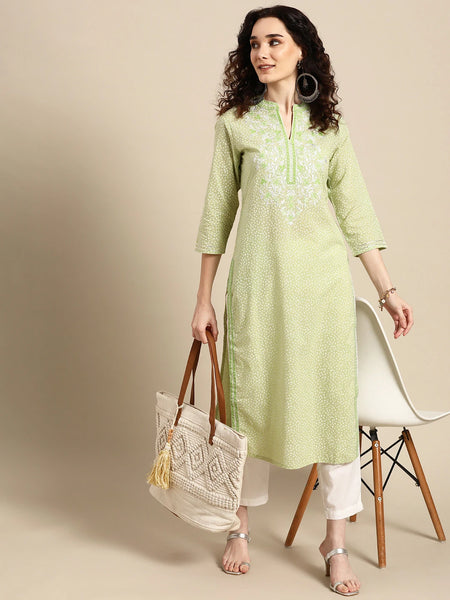 Women Green Embroidered Straight Cotton Kurta