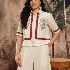 Ivory Charm Embroidered Cotton Shirt Palazzo Set