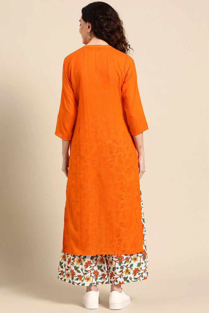 Back view orange kurta set women
