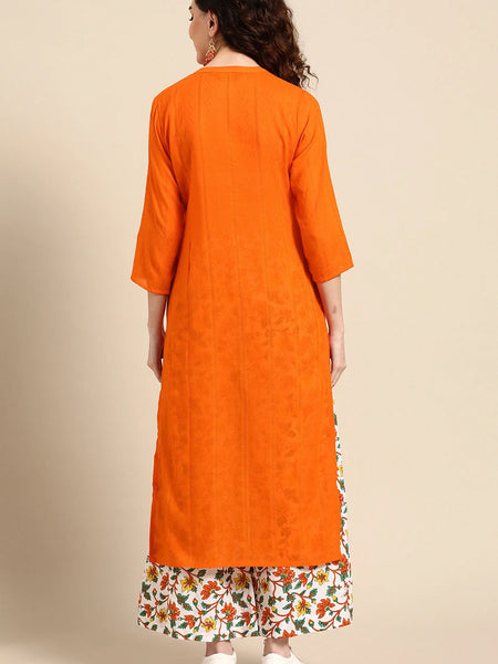 Back view orange kurta set women
