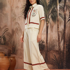 Ivory Charm Embroidered Cotton Shirt Palazzo Set