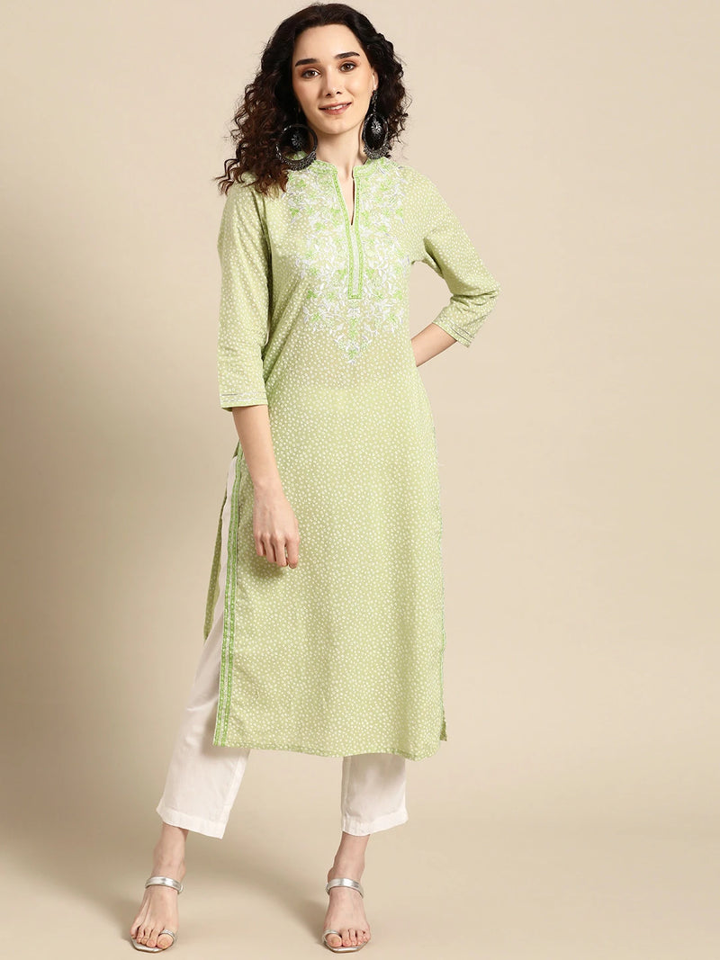 Women Green Embroidered Straight Cotton Kurta
