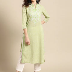 Women Green Embroidered Straight Cotton Kurta