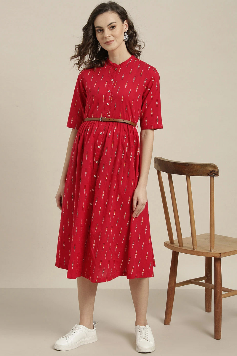 belted red cotton midi dress front view
