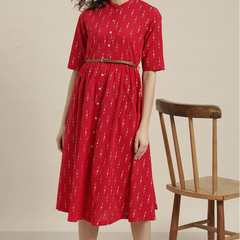 belted red cotton midi dress front view
