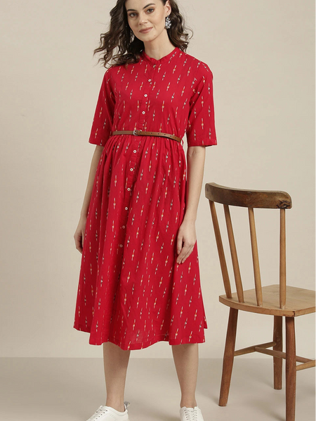 belted red cotton midi dress front view
