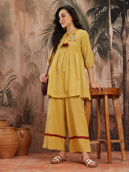 Ivory Grace Embroidered Cotton Tunic Palazzo Set