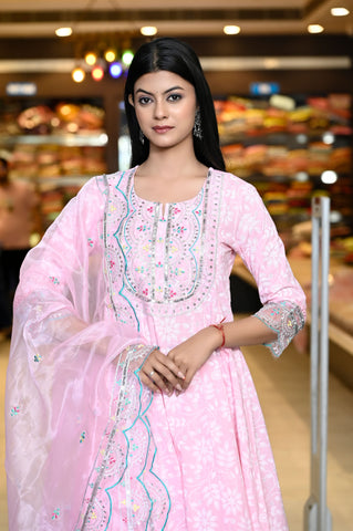 RAMA'S Designer Solid Pink Embroidery Anarkali Set With Dupatta