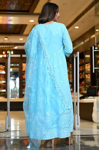 RAMA'S Turquiose Solid Anghrakha Ethnic Suit With Dupatta