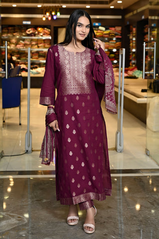 RAMA'S MAROON Weaved Staright With Gold Print Cotton Suit With Dupatta