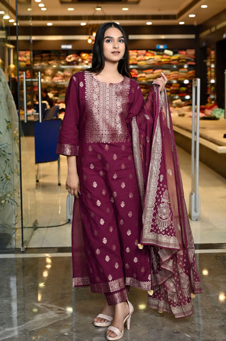 RAMA'S MAROON Weaved Staright With Gold Print Cotton Suit With Dupatta