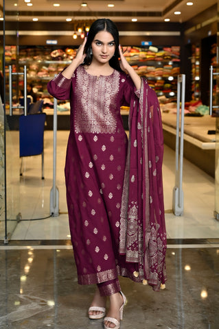 RAMA'S MAROON Weaved Staright With Gold Print Cotton Suit With Dupatta