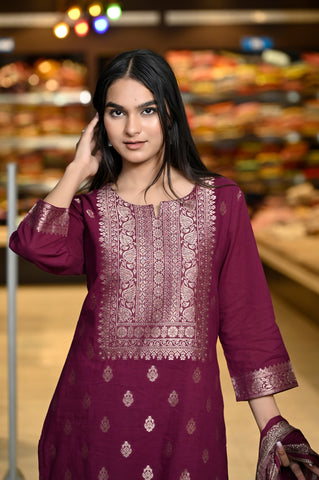 RAMA'S MAROON Weaved Staright With Gold Print Cotton Suit With Dupatta