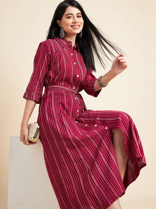 Women Striped Shirt Collar Tie-Ups Detail A-Line Midi Dress