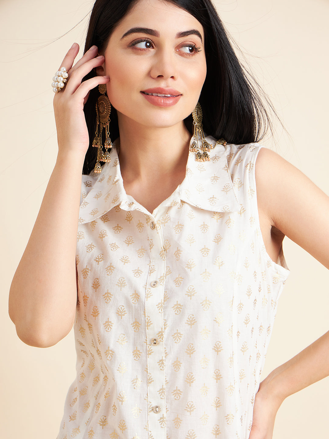Women White Color Ethnic Motifs Printed Shirt Collar Cotton Kurta