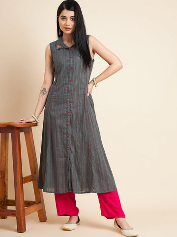 Women Grey Striped Sleeveless Cotton A-Line Kurta