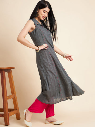 Women Grey Striped Sleeveless Cotton A-Line Kurta