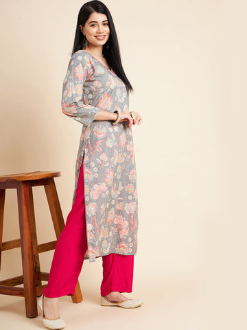 RAMA'S Women Grey Floral Printed Cotton Straight Kurta