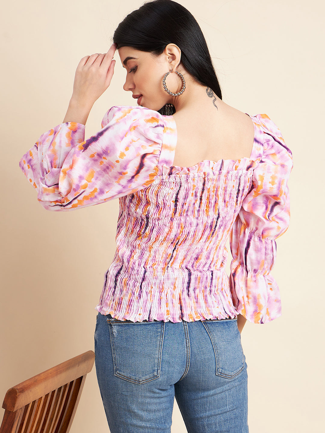 Women Tie  Dye Square Neck Puff Sleeves Smocking Fitted Top