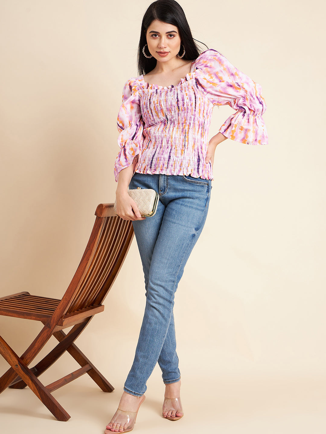 Women Tie  Dye Square Neck Puff Sleeves Smocking Fitted Top