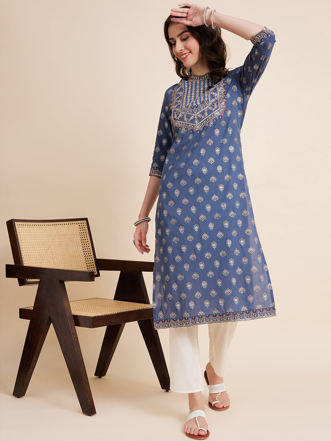 Women Blue Color Embroidery Staright kurta
