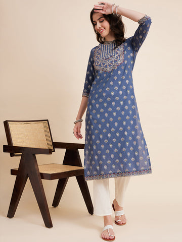 RAMA'S Women Blue Color Embroidery Staright kurta