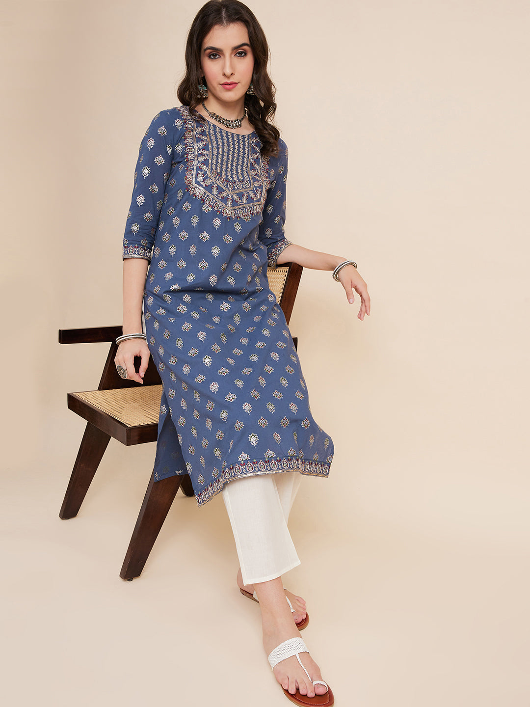 Women Blue Color Embroidery Staright kurta