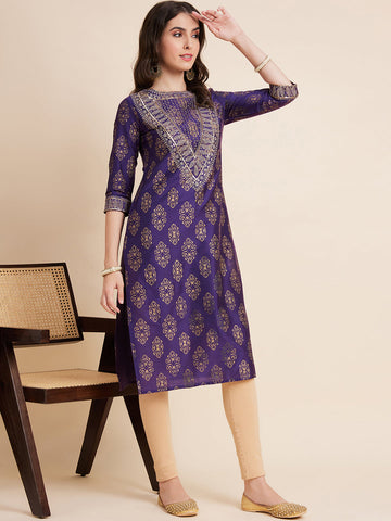 Women Blue Color Embroidery Printed Staright kurta