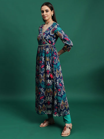 Women Blue Color Embroidery Embellished Anarkali Kurta Pant With Dupatta set