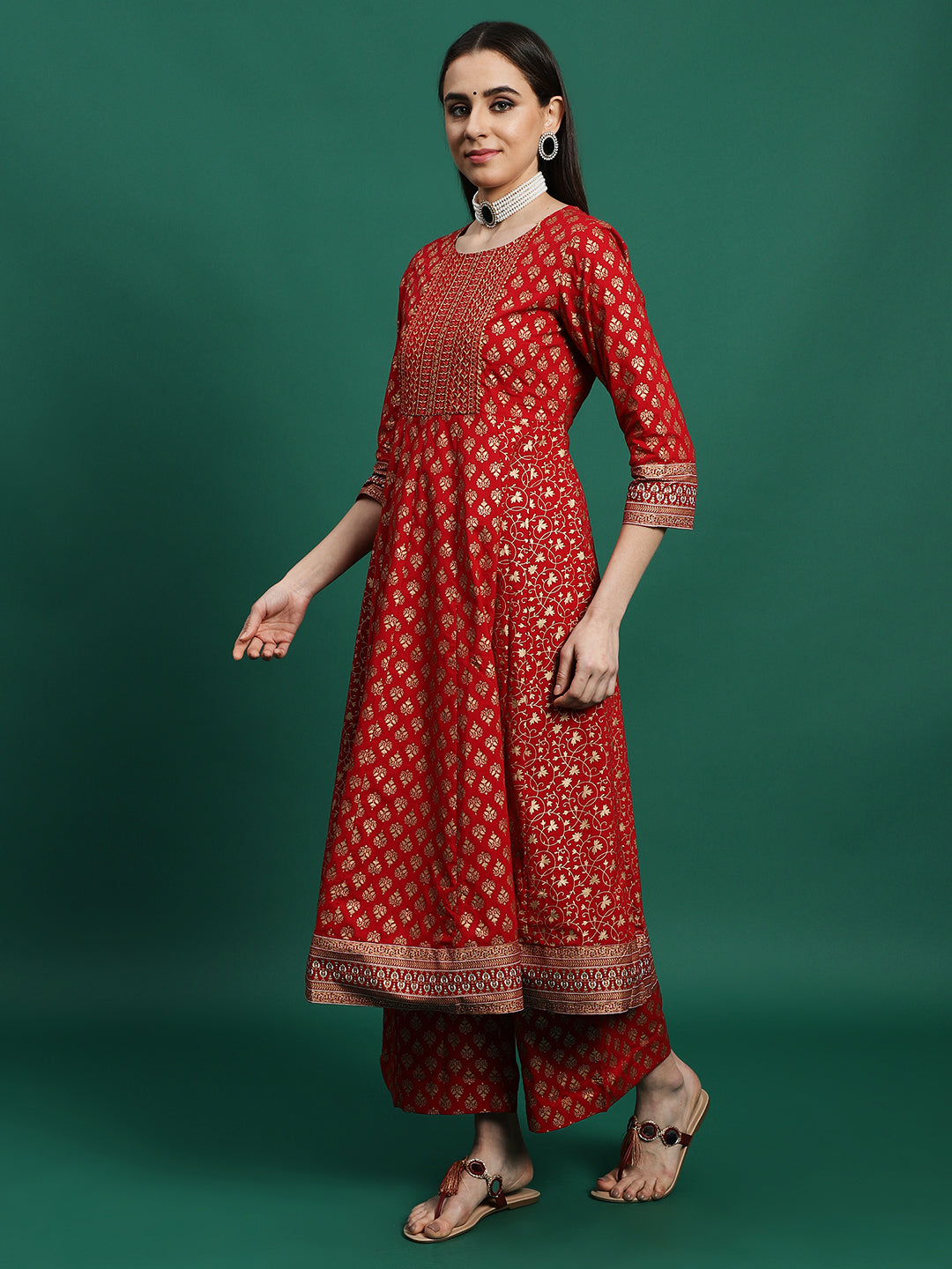 Women Maroon Color Embroidery Embellished A-Line Kurta Palazzo With Dupatta set