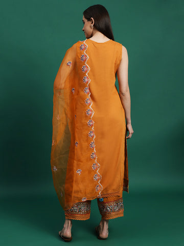 Women Mustard Color Embroidery Embellished Cut Sleeve Kurta Pant With Dupatta set