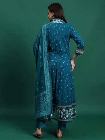 Women Teal Color Embroidery Embellished Anarkali Kurta Palazzo With Dupatta set