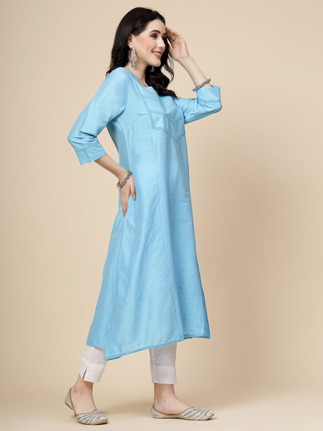 Women Turquoise Blue Color Embroidery A-line kurta