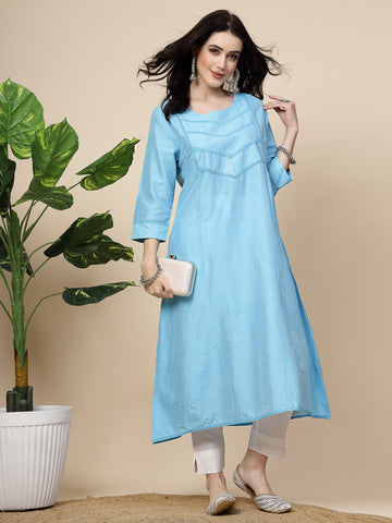 Women Turquoise Blue Color Embroidery A-line kurta